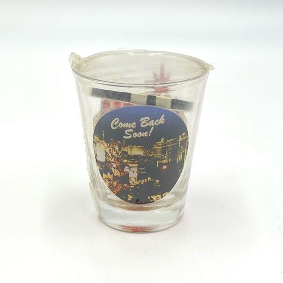 Las Vegas Shot Glass Welcome & Come Back‎ Soon Souvenir Poker Chip & Red Dice - Picture 7 of 7